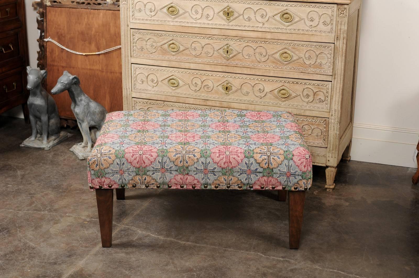 Upholstered Ottoman Made of Midcentury Colorful Turkish Rug over Custom Base In Good Condition For Sale In Atlanta, GA