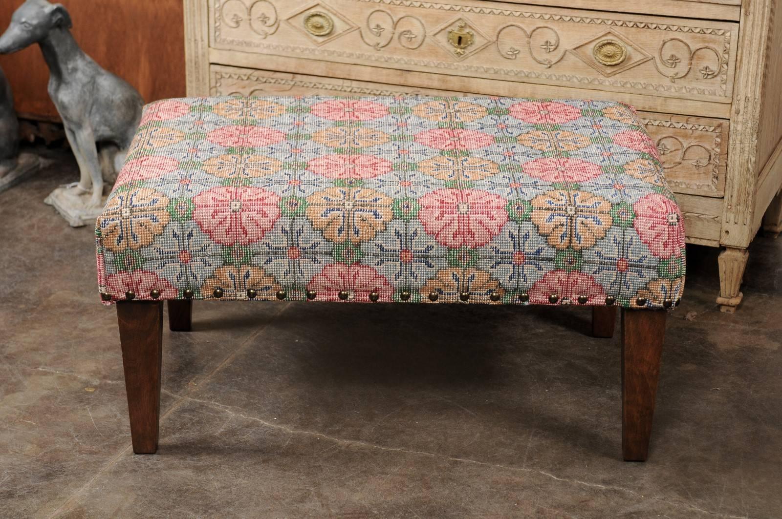 20th Century Upholstered Ottoman Made of Midcentury Colorful Turkish Rug over Custom Base For Sale