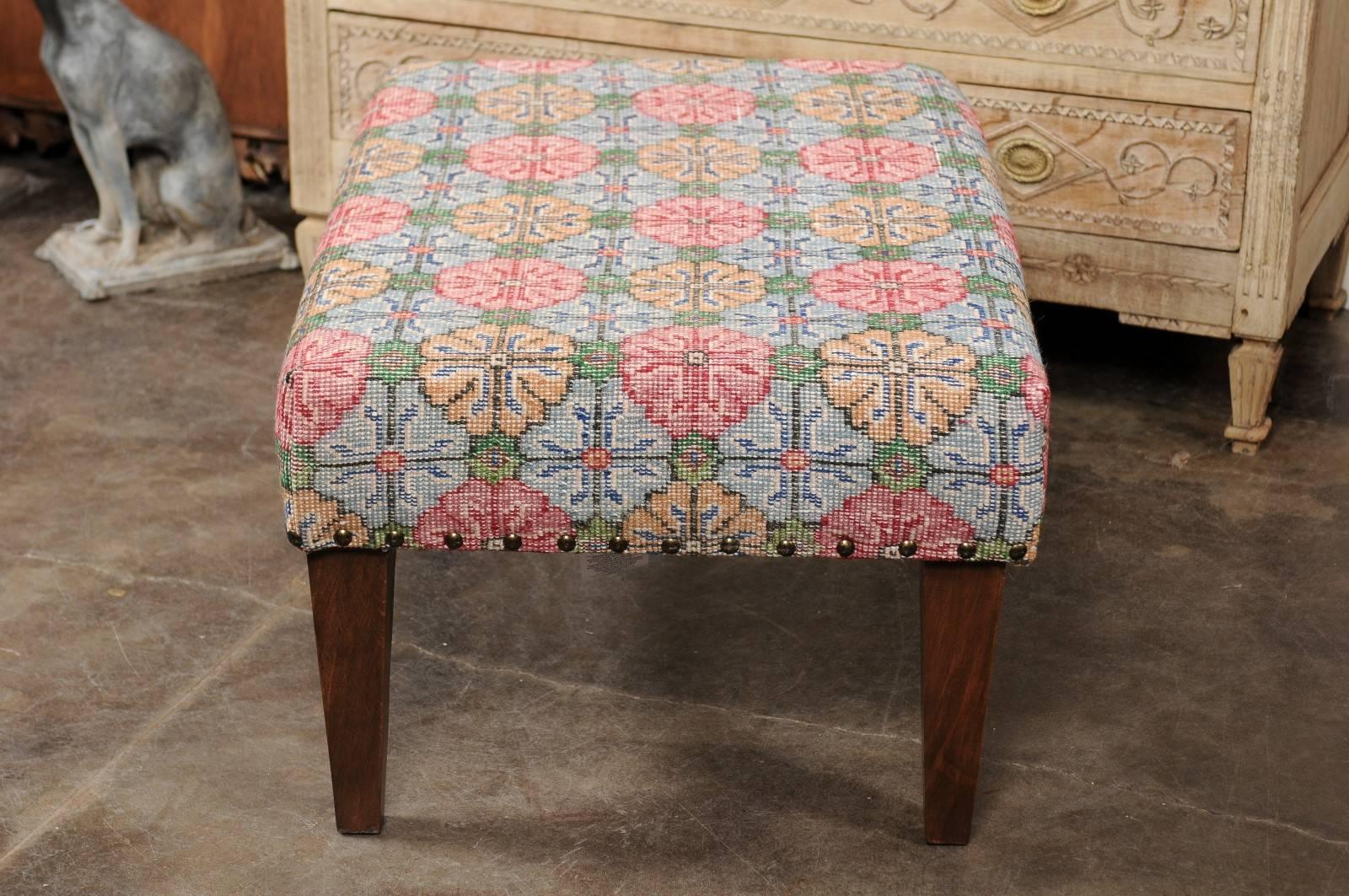 Wool Upholstered Ottoman Made of Midcentury Colorful Turkish Rug over Custom Base For Sale