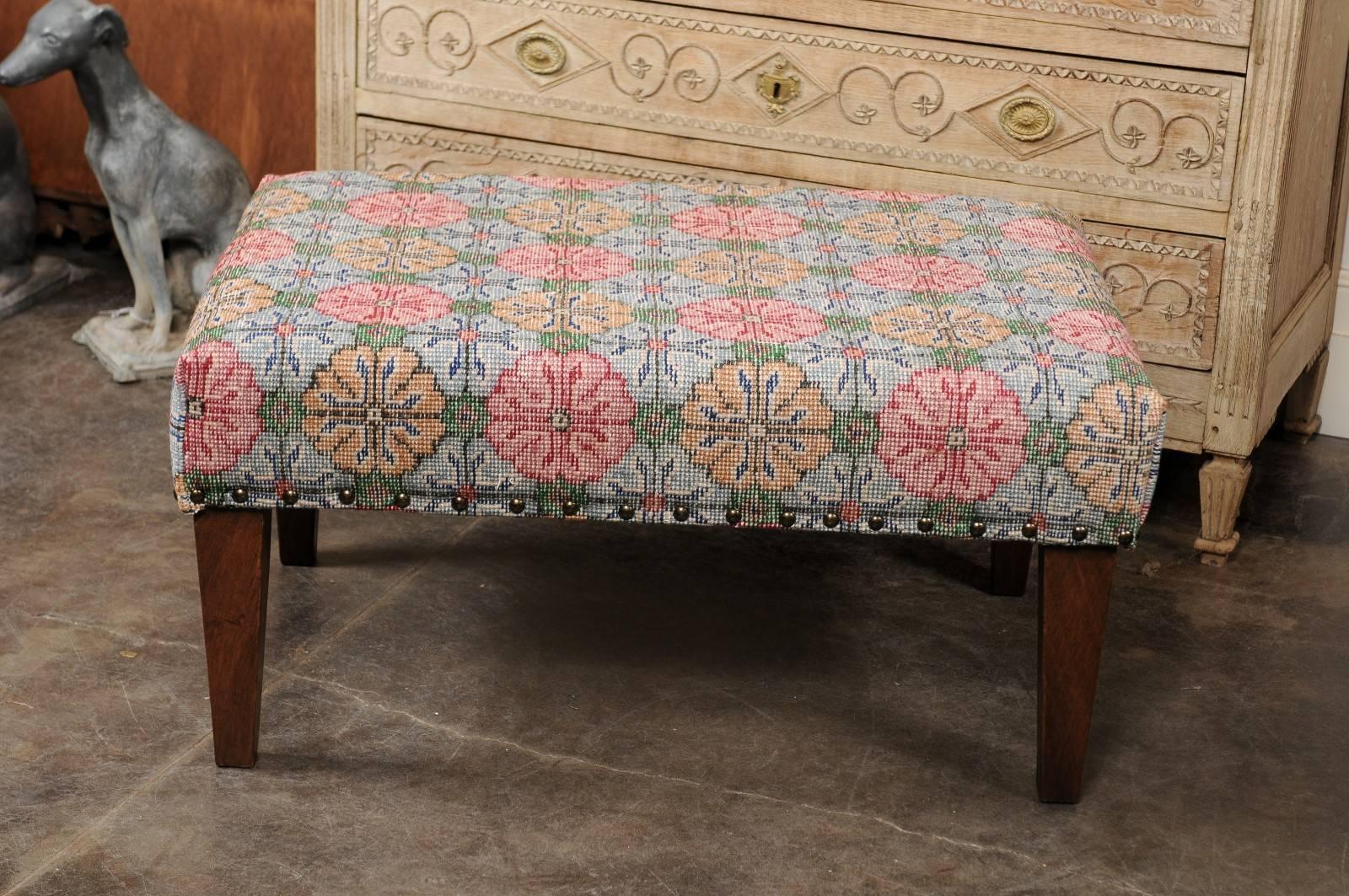 Upholstered Ottoman Made of Midcentury Colorful Turkish Rug over Custom Base For Sale 2
