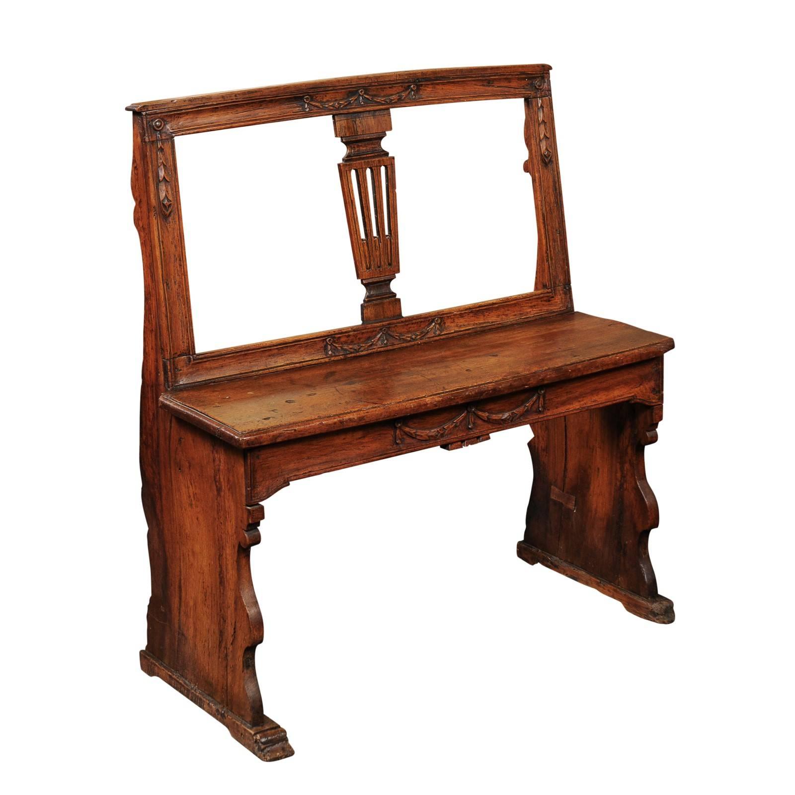 English Early 19th Century Walnut Bench with Pierced Back and Swag Motifs