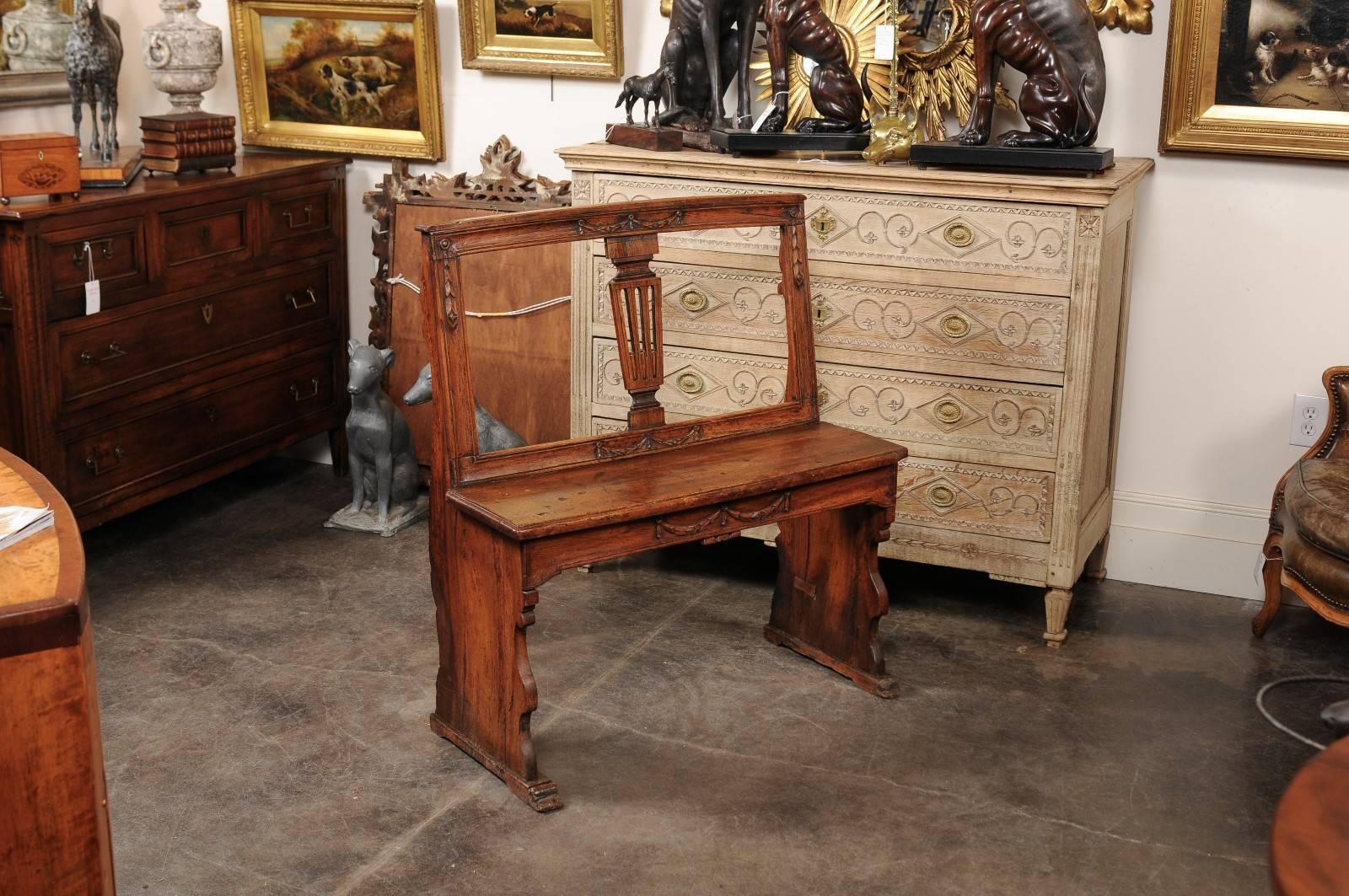Italian English Early 19th Century Walnut Bench with Pierced Back and Swag Motifs