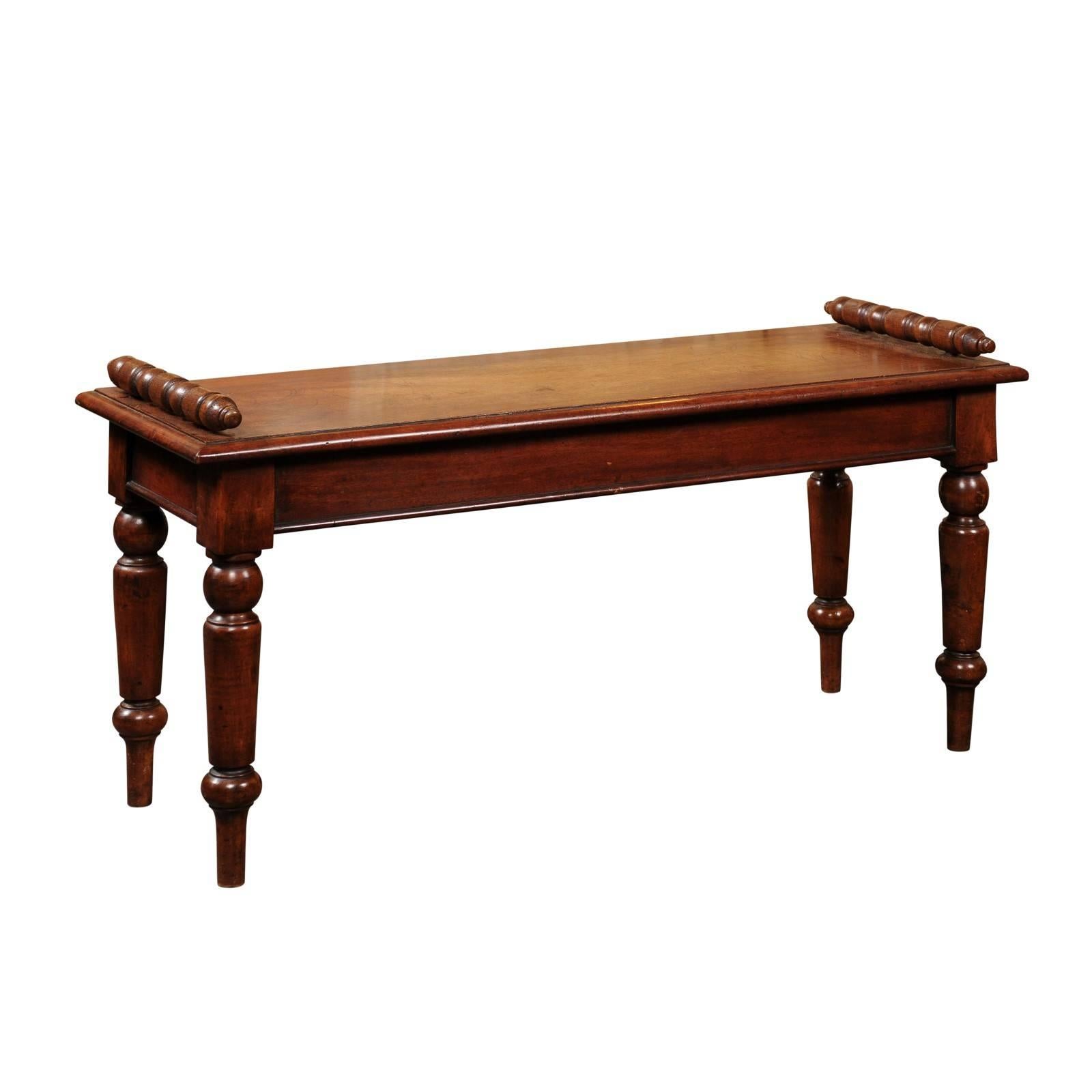 English 1880s Mahogany Hall Bench with Wooden Seat, Turned Arms and Legs