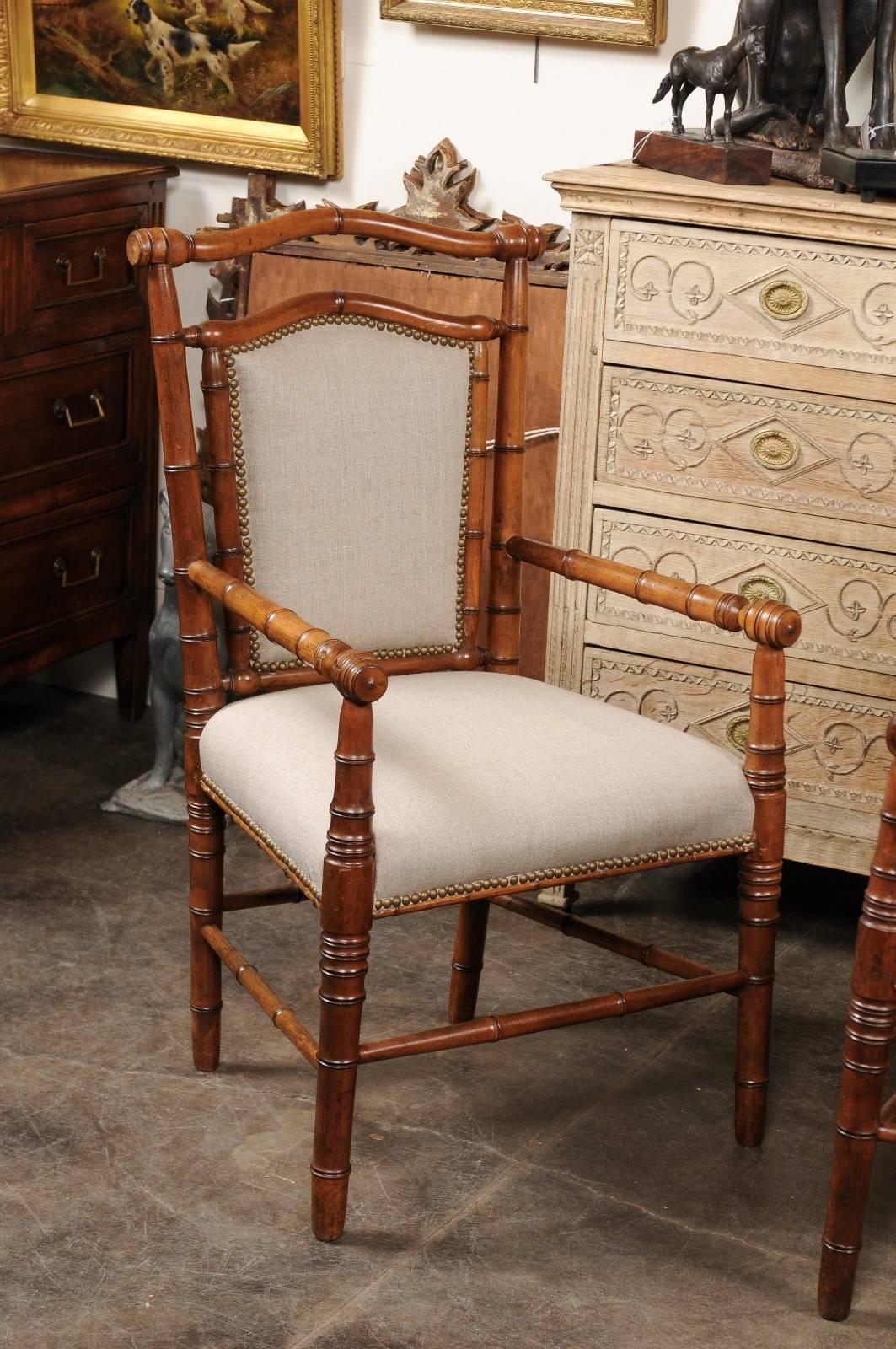 Pair of English 1900s Faux-Bamboo Armchairs with Turned Legs and Stretchers 3