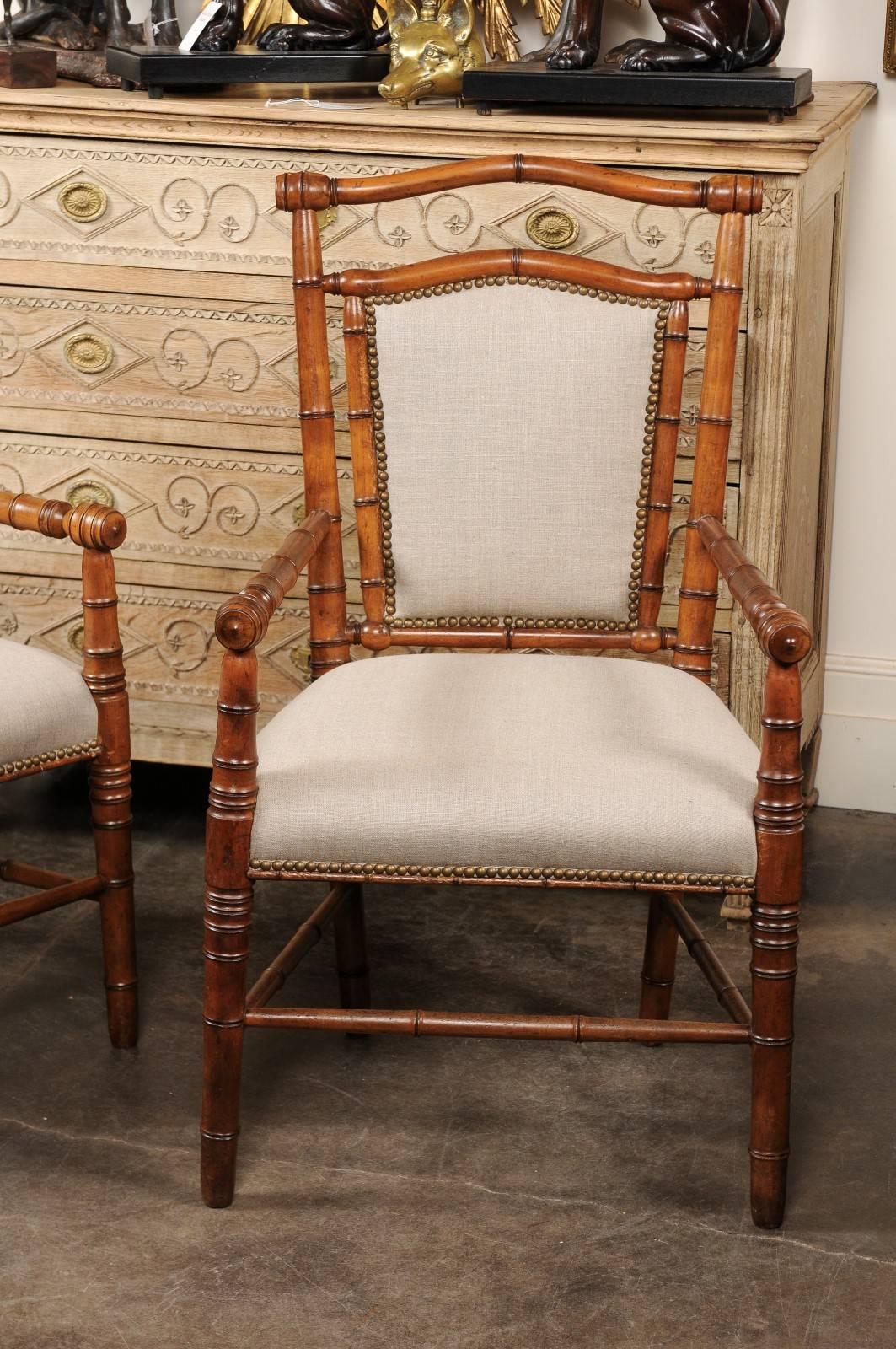 Pair of English 1900s Faux-Bamboo Armchairs with Turned Legs and Stretchers 4