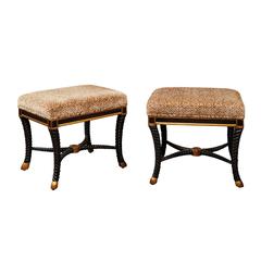 Pair of Italian 1970s Upholstered Stools with Ebonized Wood and Gilded Accents