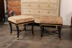 Pair of Italian 1970s Upholstered Stools with Ebonized Wood and Gilded Accents