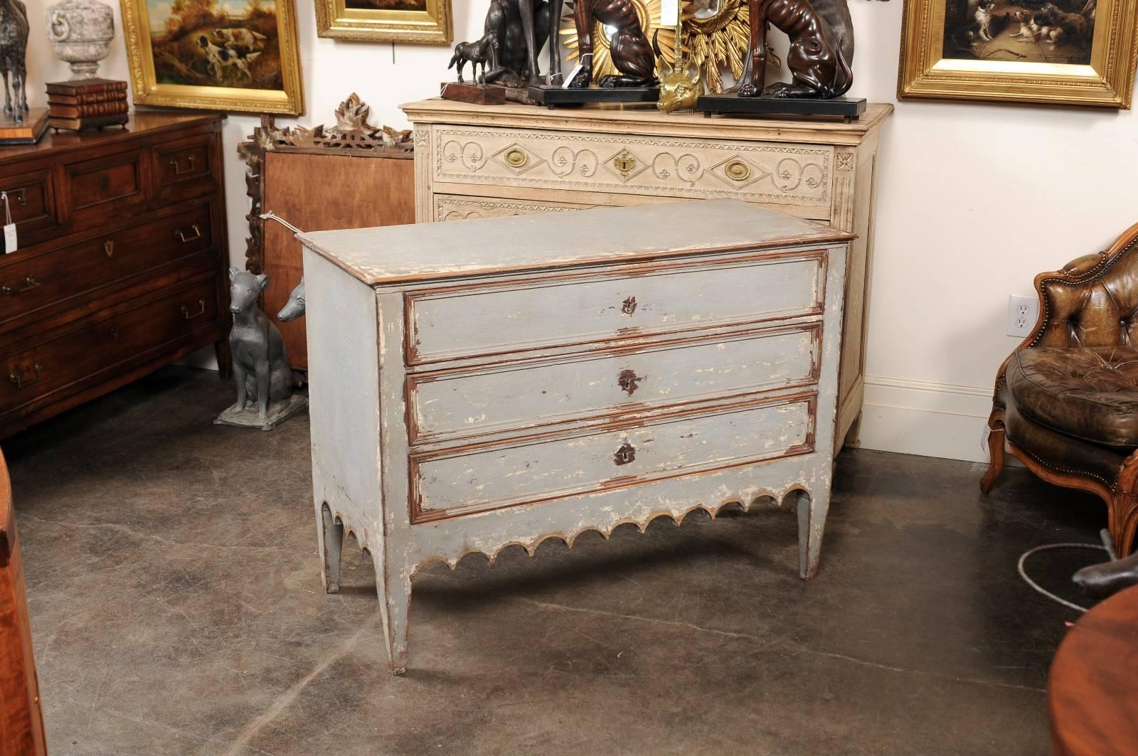 Hand-Painted Portuguese Early 19th Century Painted Wood Three-Drawer Chest with Carved Skirt