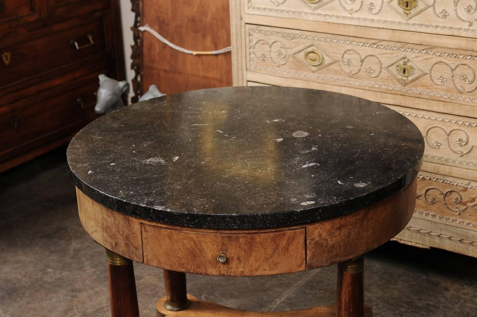 19th Century French Empire Style 1850s Burl Table with Marble Top and Corinthian Columns