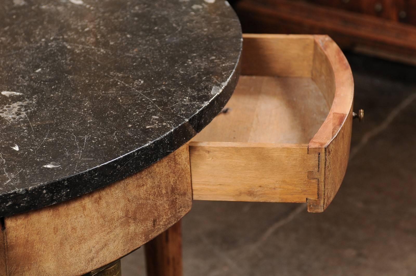 French Empire Style 1850s Burl Table with Marble Top and Corinthian Columns 1