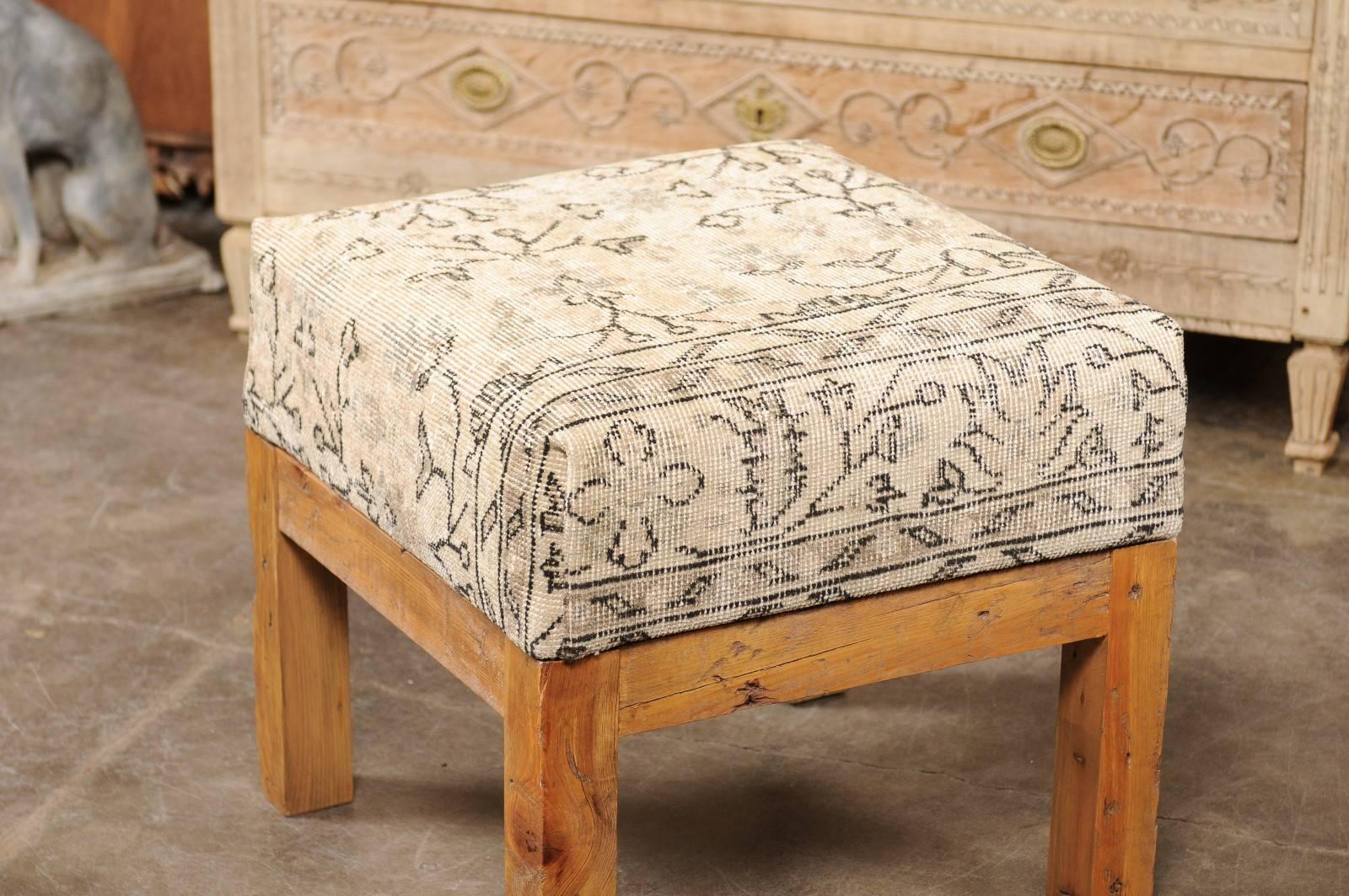 Contemporary Light Colored Turkish Vintage Wool Upholstered Stool over Old Wooden Base
