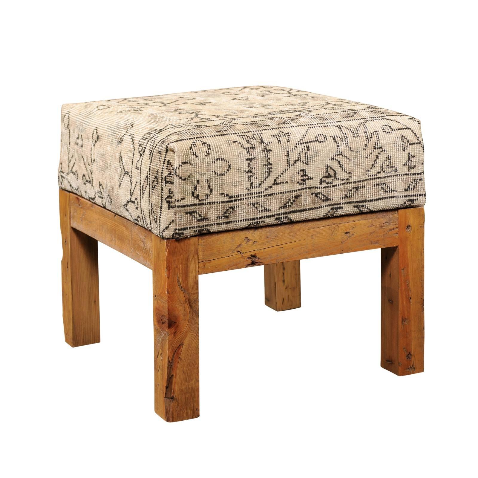 Light Colored Turkish Vintage Wool Upholstered Stool over Old Wooden Base