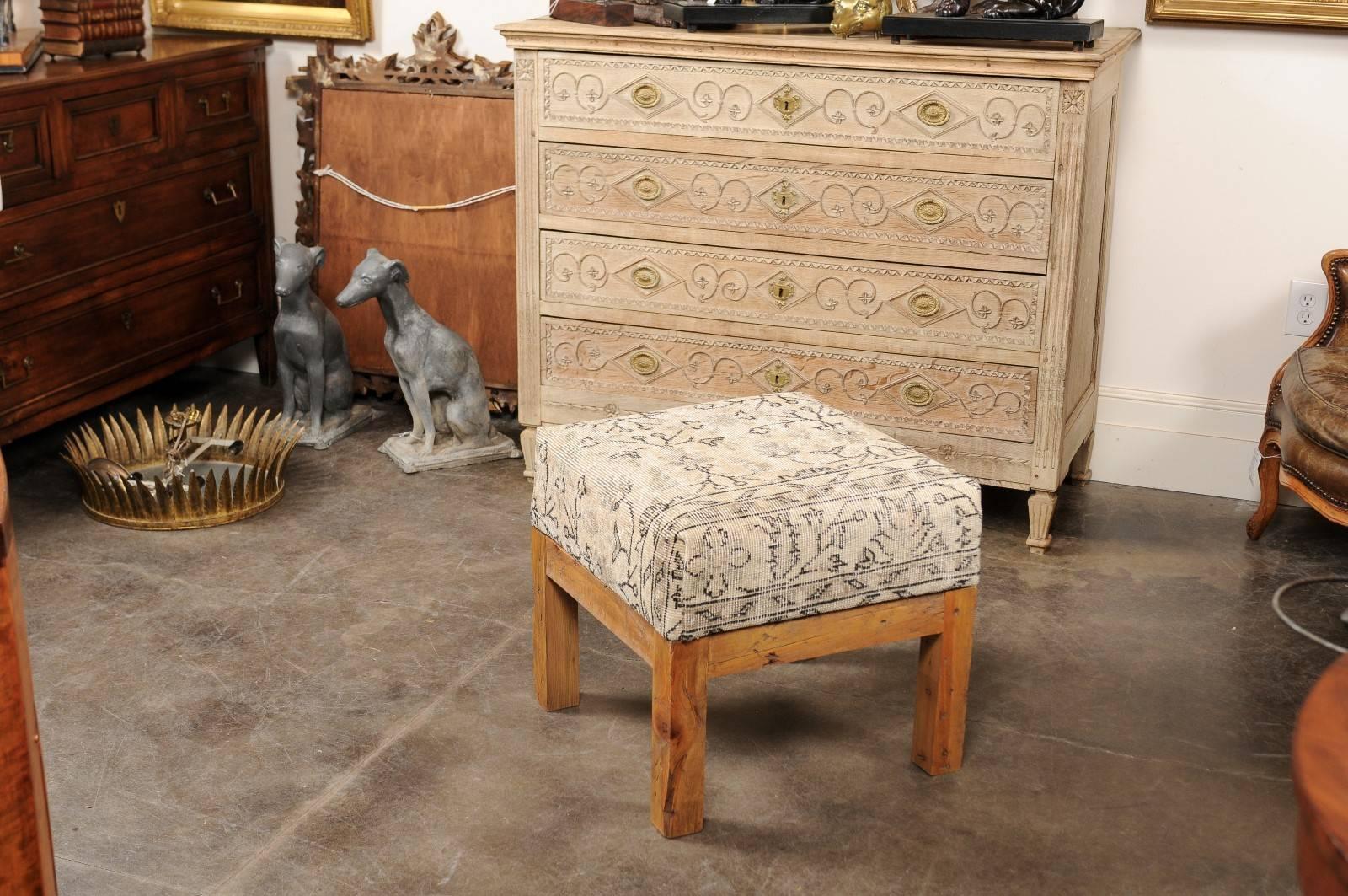 Light Colored Turkish Vintage Wool Upholstered Stool over Old Wooden Base In Excellent Condition In Atlanta, GA