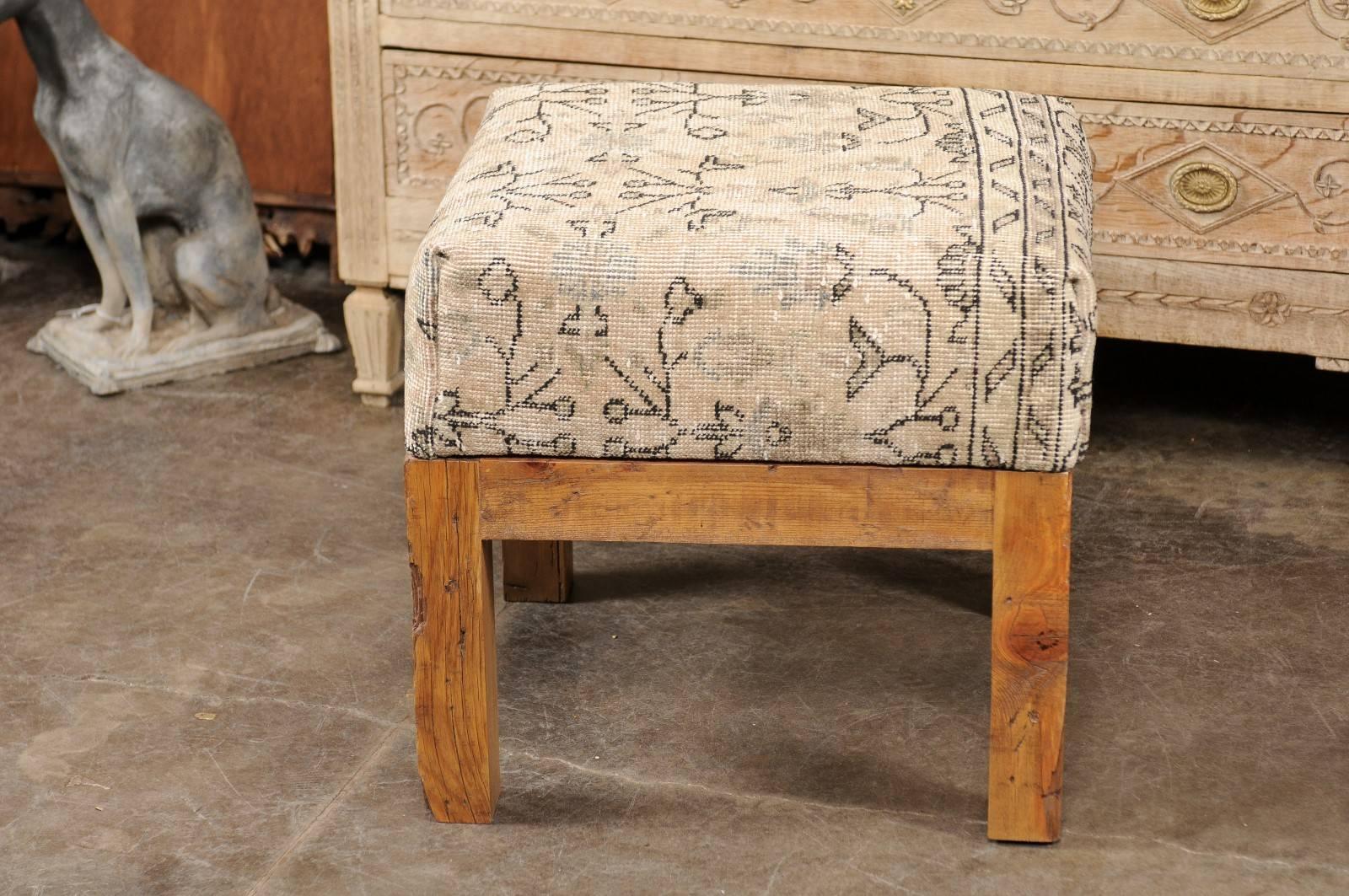 Light Colored Turkish Vintage Wool Upholstered Stool over Old Wooden Base 4