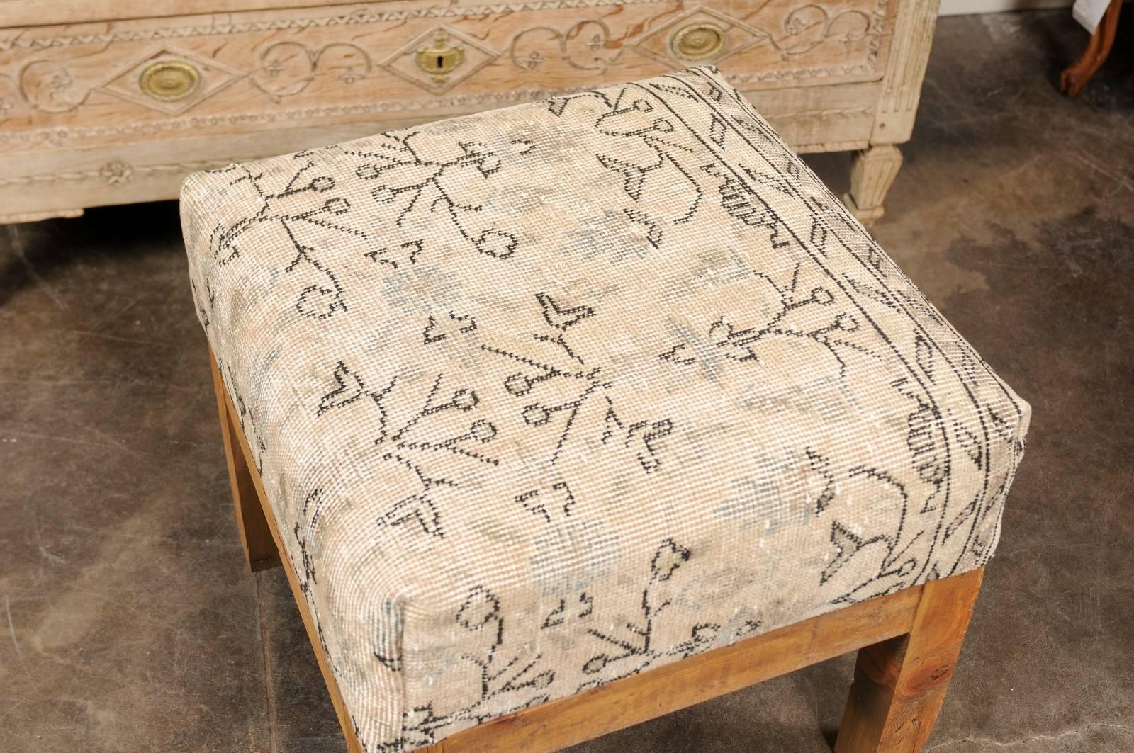 Light Colored Turkish Vintage Wool Upholstered Stool over Old Wooden Base 5