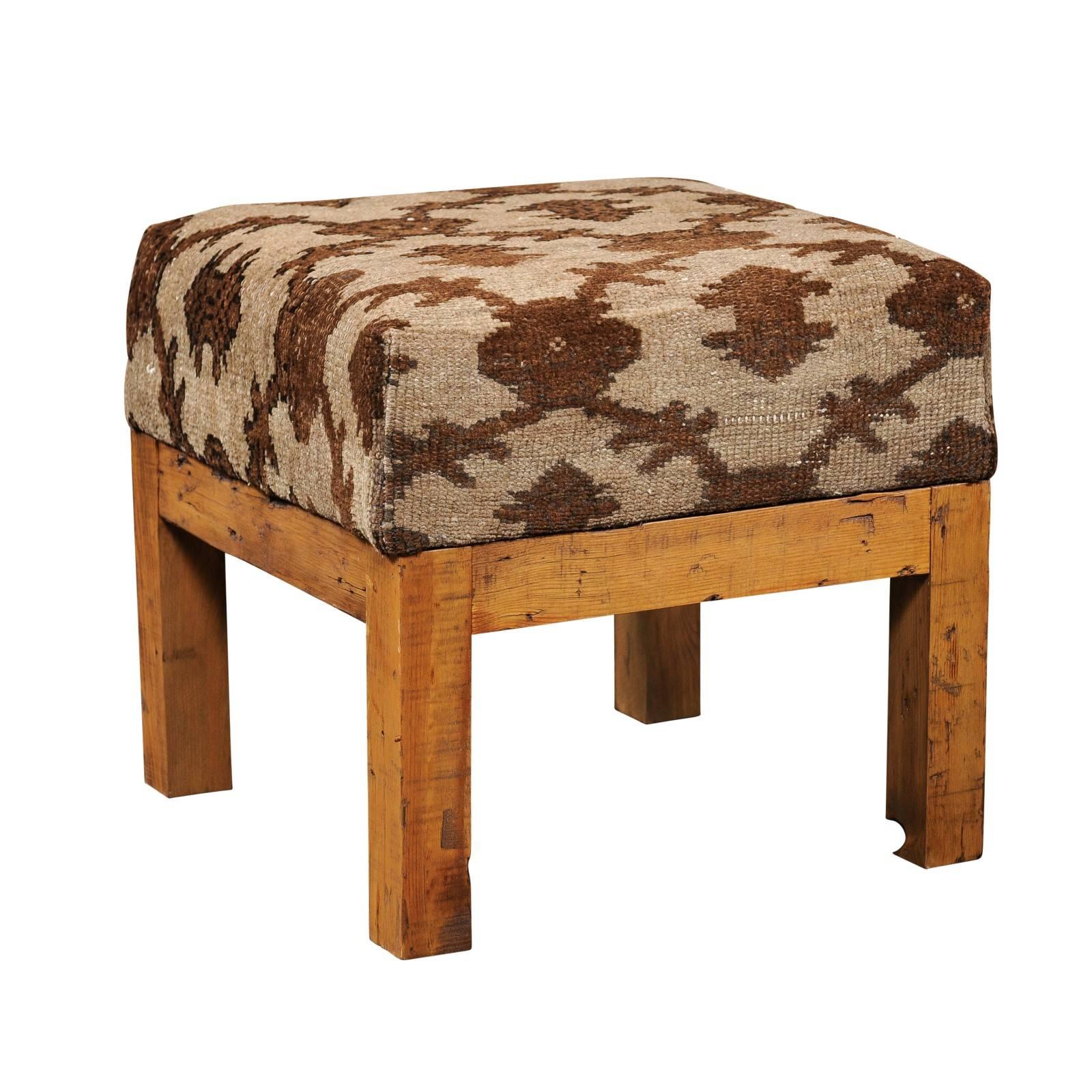 Turkish Brown Wool Upholstered Stool over Old Wood Base with Straight Legs