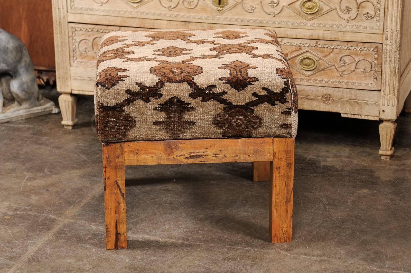 Turkish Brown Wool Upholstered Stool over Old Wood Base with Straight Legs In Good Condition In Atlanta, GA