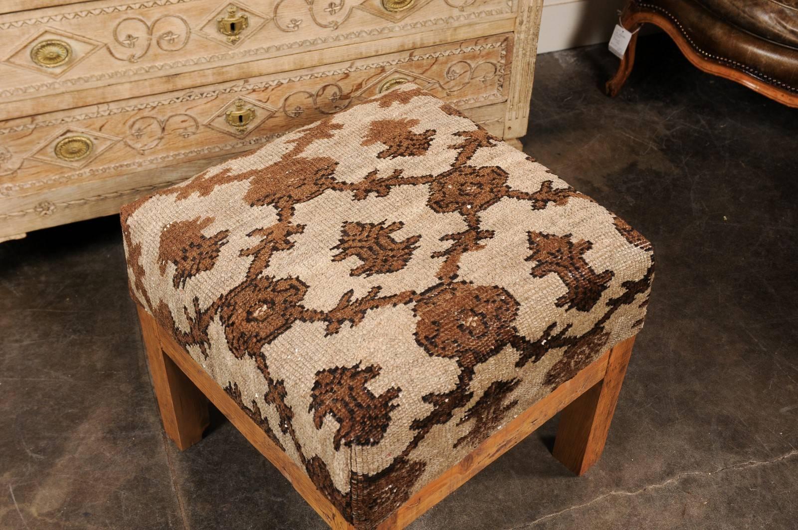 Contemporary Turkish Brown Wool Upholstered Stool over Old Wood Base with Straight Legs