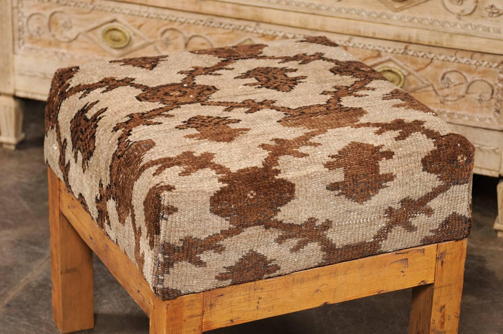 Turkish Brown Wool Upholstered Stool over Old Wood Base with Straight Legs 1