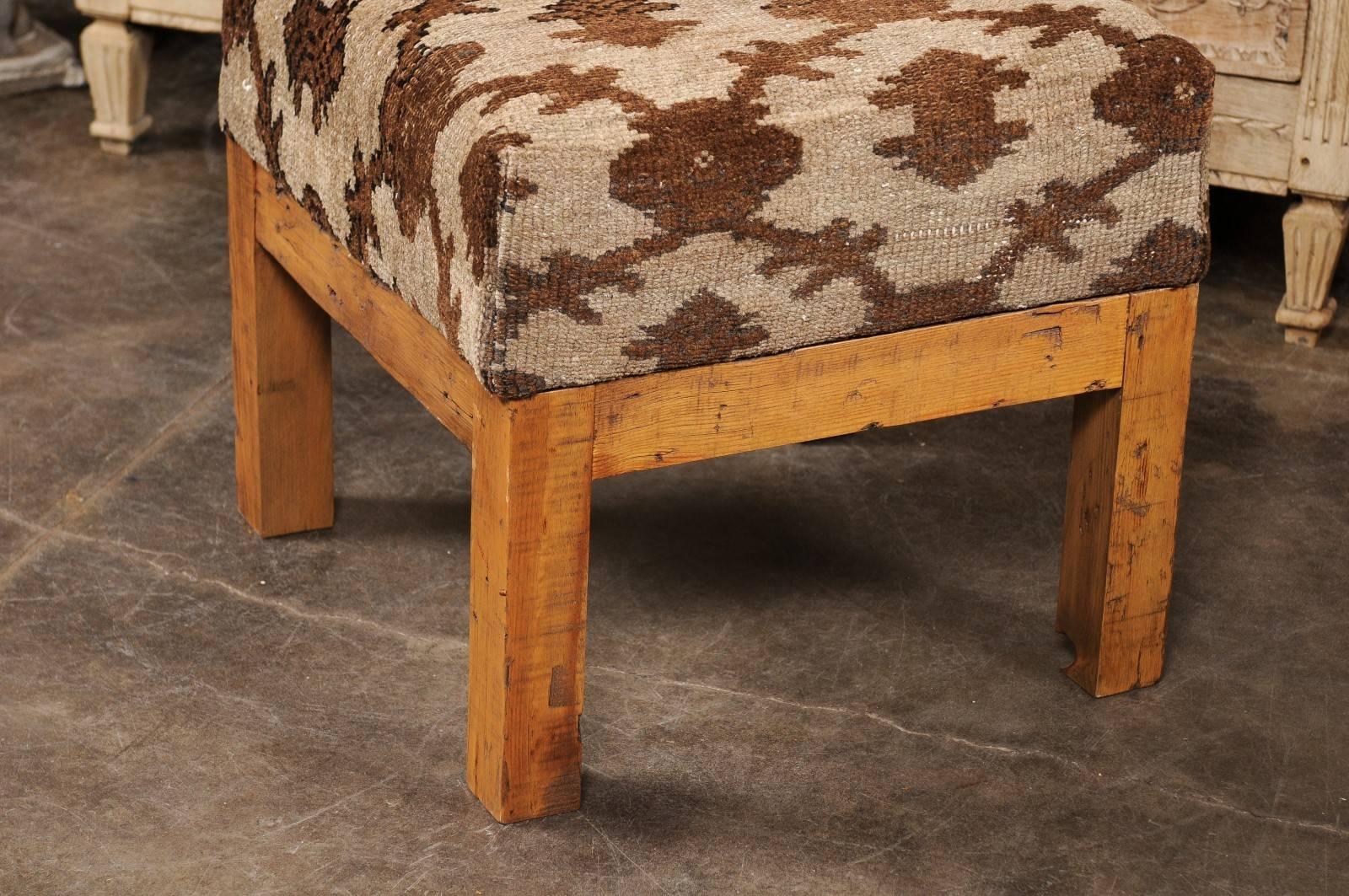 Turkish Brown Wool Upholstered Stool over Old Wood Base with Straight Legs 2