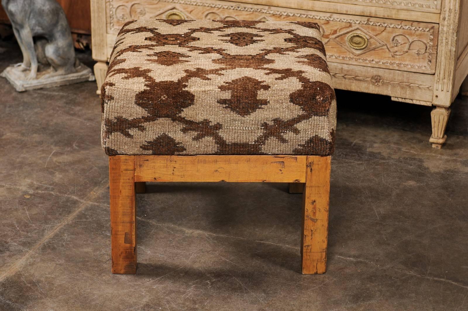 Turkish Brown Wool Upholstered Stool over Old Wood Base with Straight Legs 3