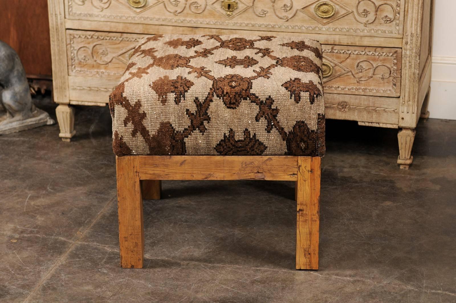 Turkish Brown Wool Upholstered Stool over Old Wood Base with Straight Legs 4