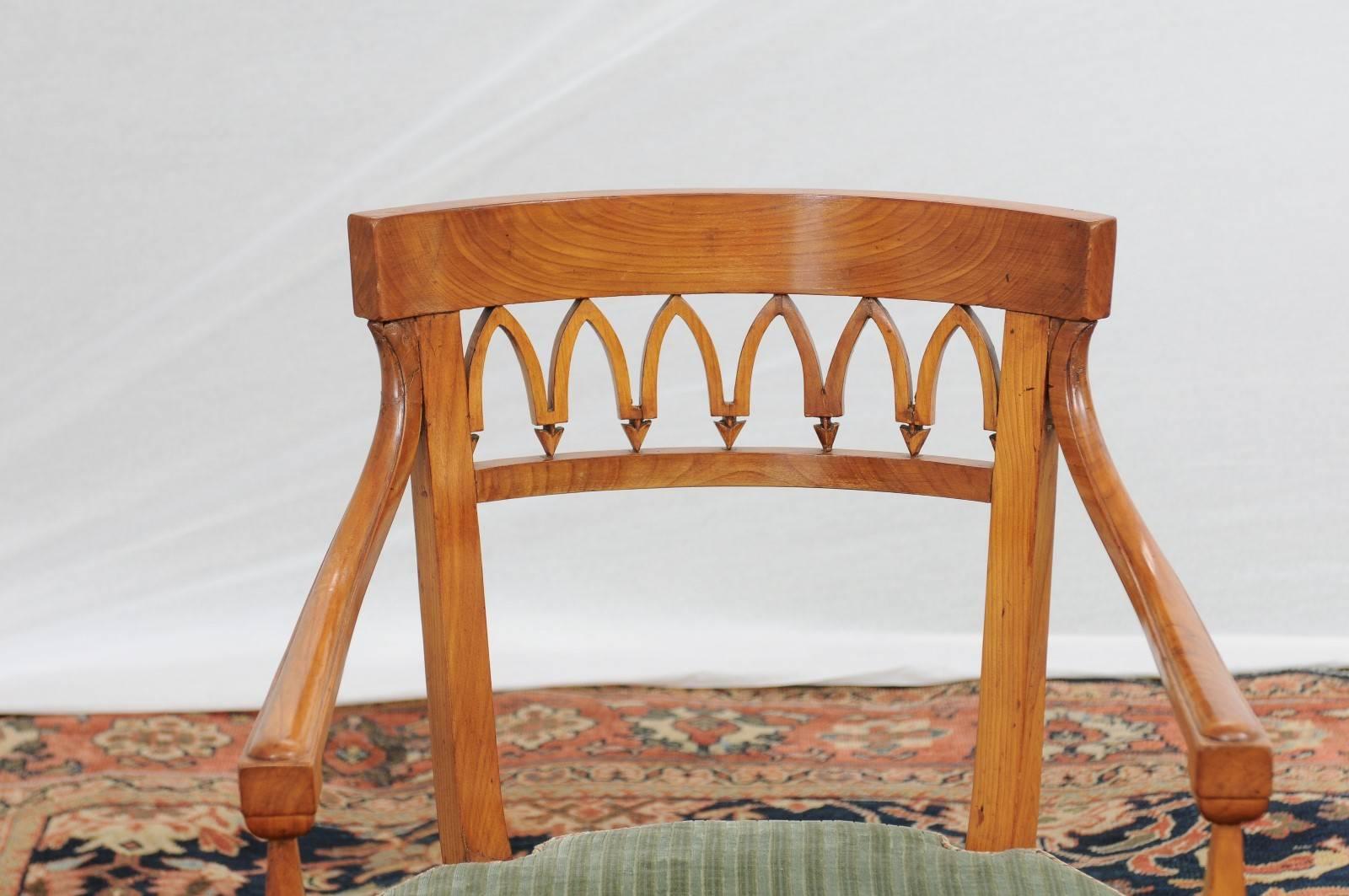 19th Century Pair of Austrian Biedermeier 1840s, Armchairs with Pierced Backs and Cane Seats For Sale