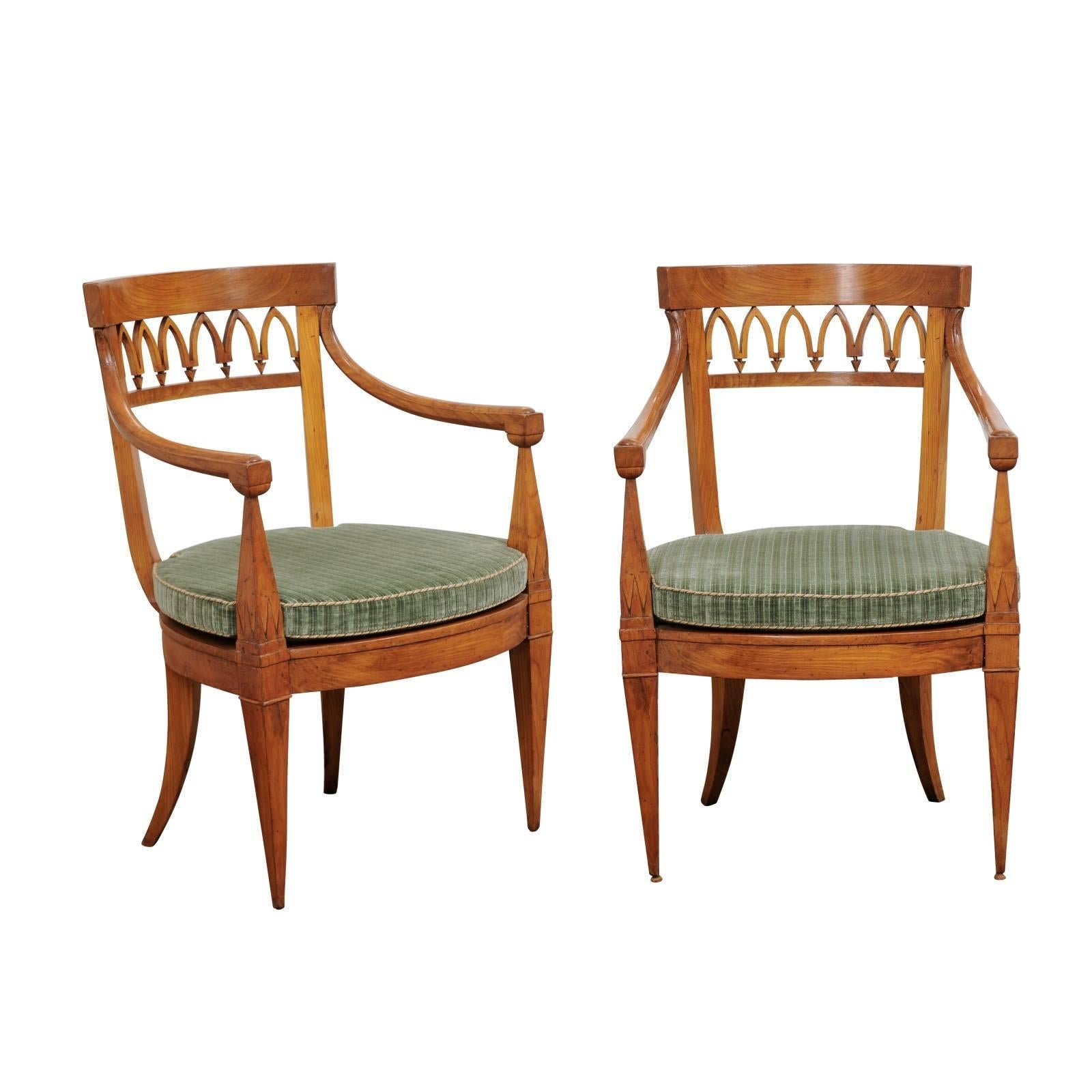 Pair of Austrian Biedermeier 1840s, Armchairs with Pierced Backs and Cane Seats For Sale