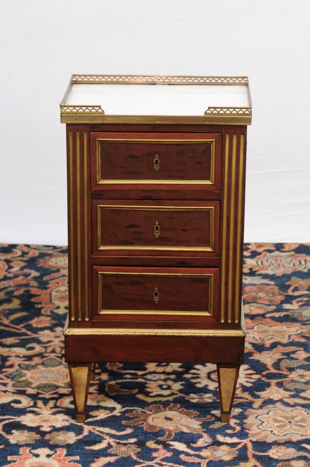 20th Century Pair of Petite French Directoire Style Commodes with Gallery and Marble Tops