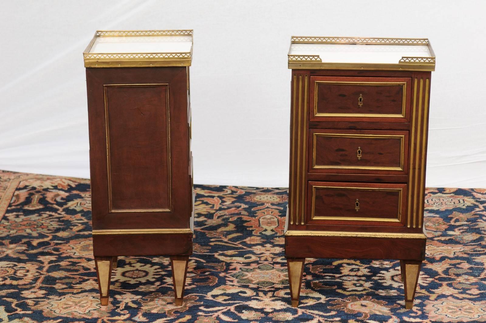 Brass Pair of Petite French Directoire Style Commodes with Gallery and Marble Tops