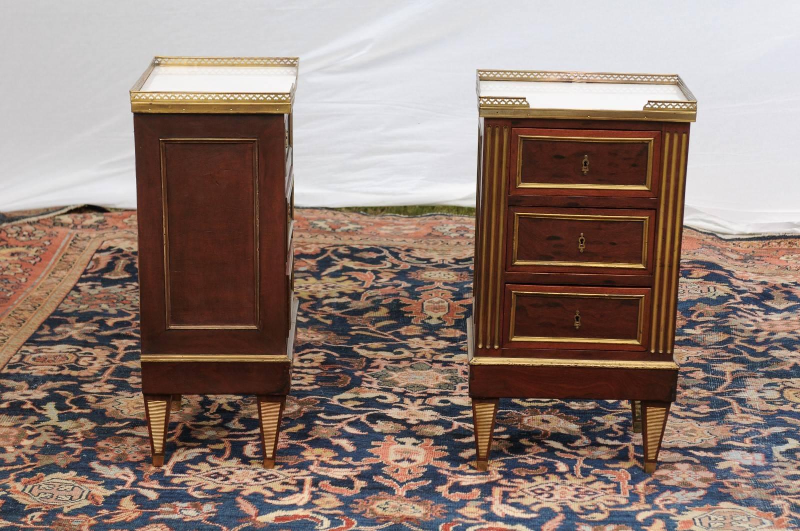 Pair of Petite French Directoire Style Commodes with Gallery and Marble Tops 5