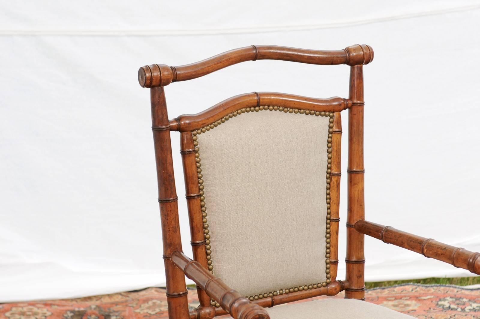 Single English Faux-Bamboo Turn of the Century Upholstered Armchair In Good Condition In Atlanta, GA