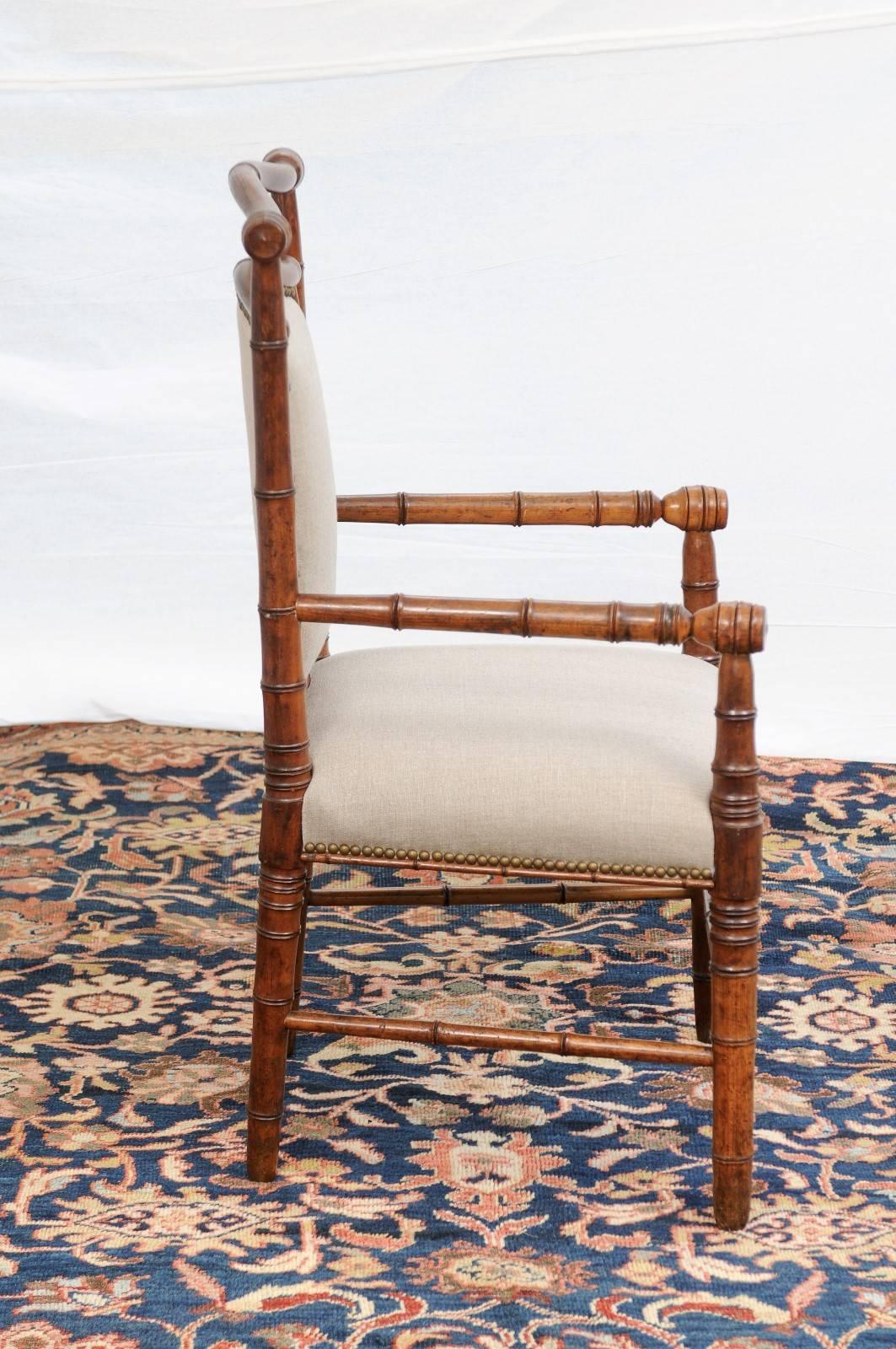 19th Century Single English Faux-Bamboo Turn of the Century Upholstered Armchair