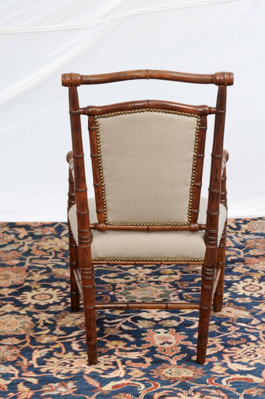 Faux Bamboo Single English Faux-Bamboo Turn of the Century Upholstered Armchair