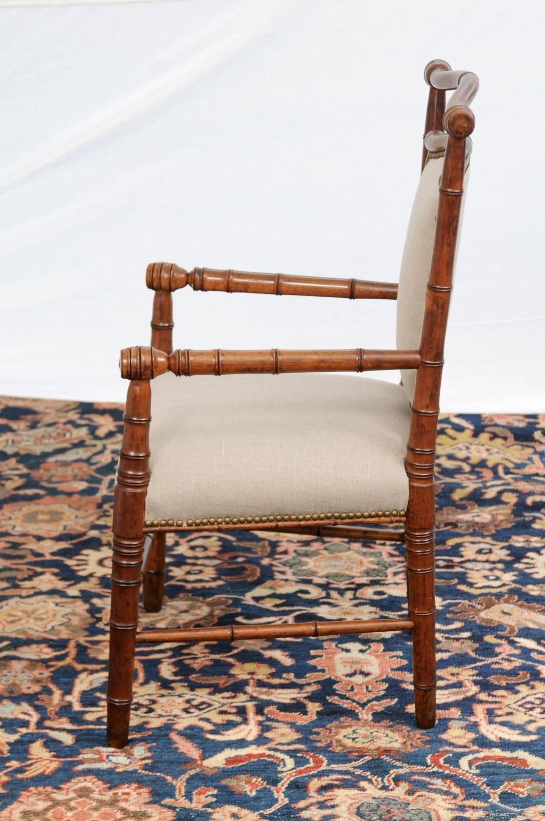 Single English Faux-Bamboo Turn of the Century Upholstered Armchair 1