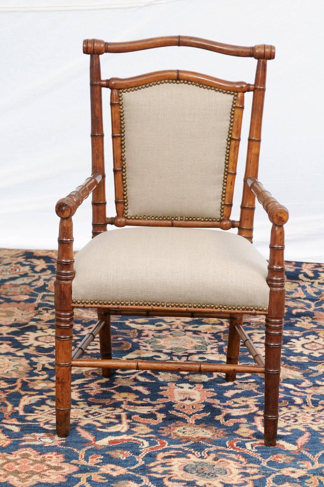Single English Faux-Bamboo Turn of the Century Upholstered Armchair 5