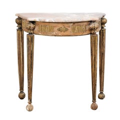 Swedish 1820s Demilune Table with Pink Marble Top with Four Reeded Legs