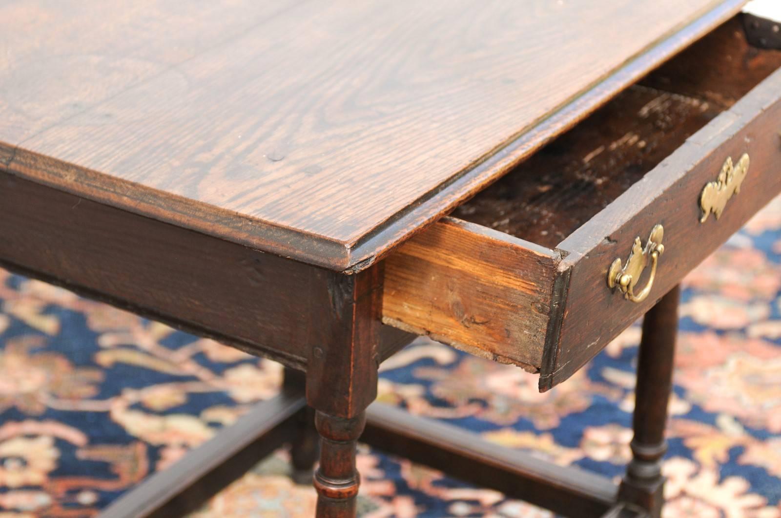 Brass English Late 18th Century Oak Side Table with Single Drawer on Thin Column Legs For Sale