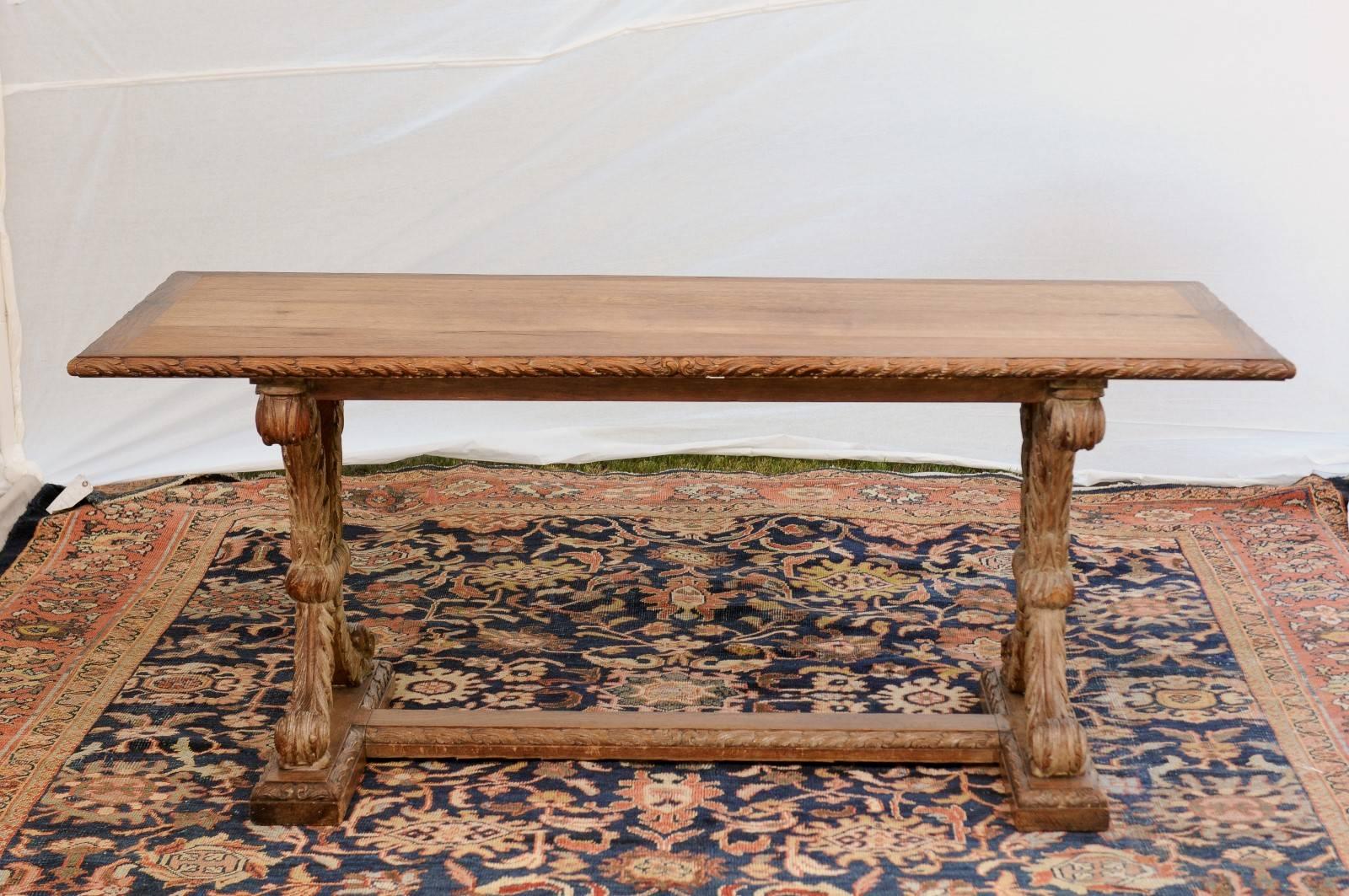 20th Century French X-Shaped Leg Oak Sofa Table with Cross Stretcher, Turn of the Century