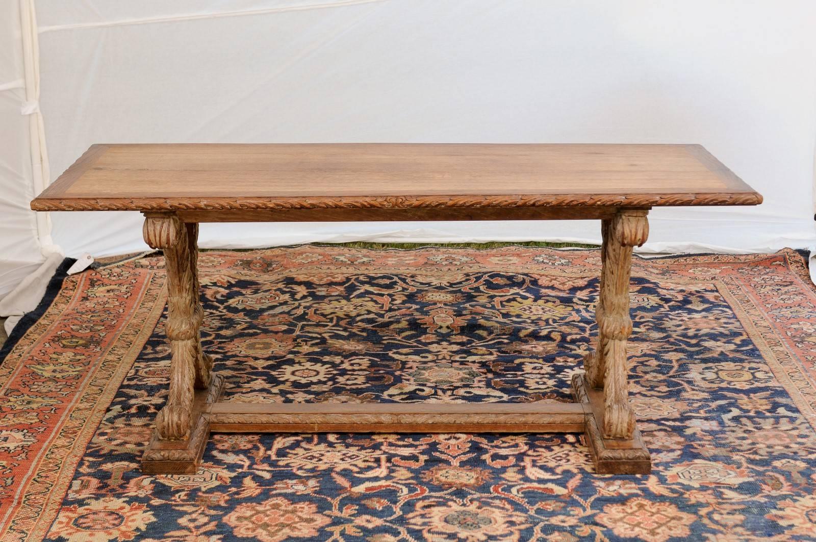 French X-Shaped Leg Oak Sofa Table with Cross Stretcher, Turn of the Century 2