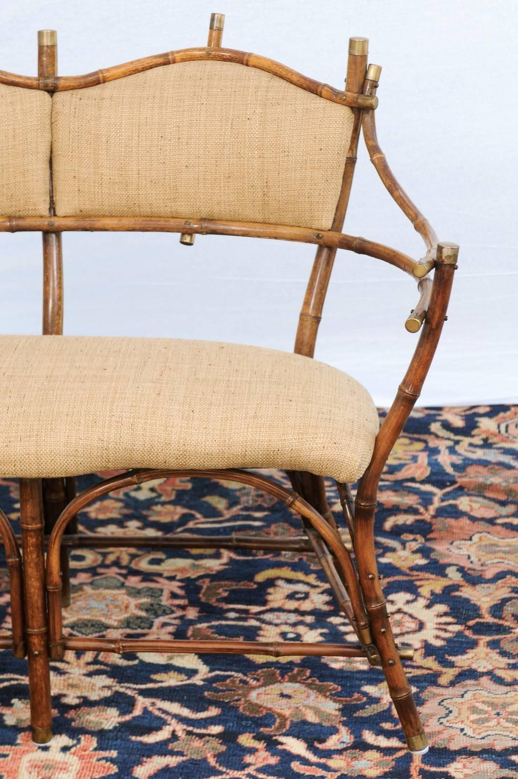 English Edwardian Period Bamboo Settee with Upholstered Back and Seat 1