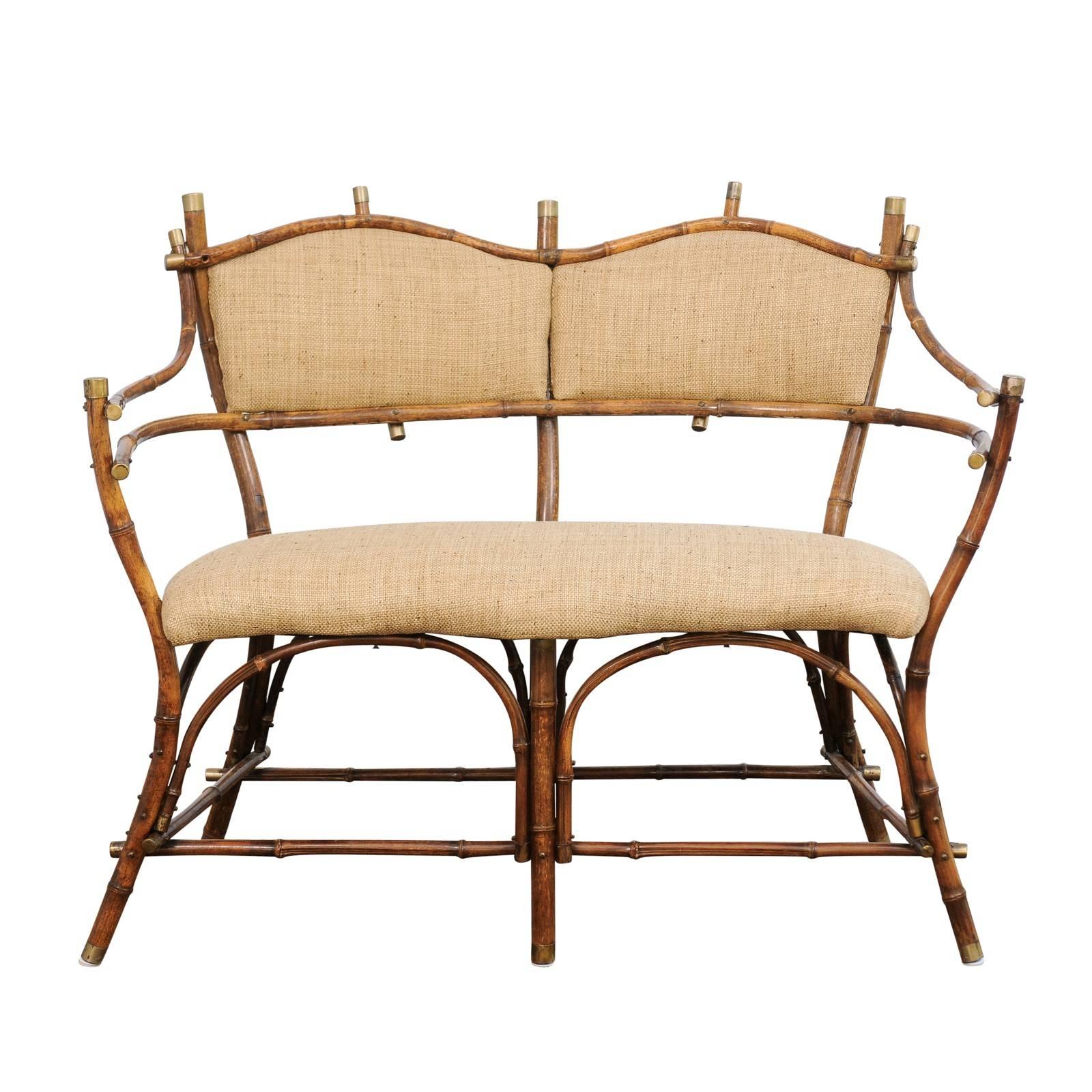 English Edwardian Period Bamboo Settee with Upholstered Back and Seat