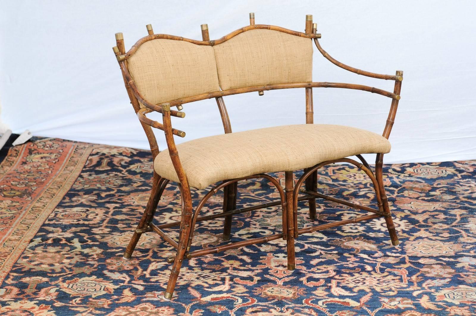 English Edwardian Period Bamboo Settee with Upholstered Back and Seat In Excellent Condition In Atlanta, GA