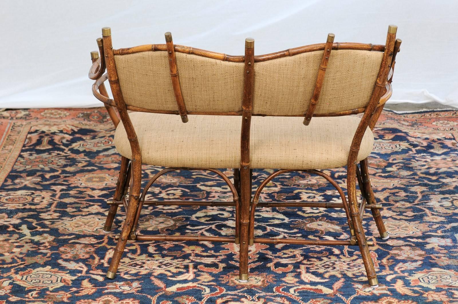 English Edwardian Period Bamboo Settee with Upholstered Back and Seat 4