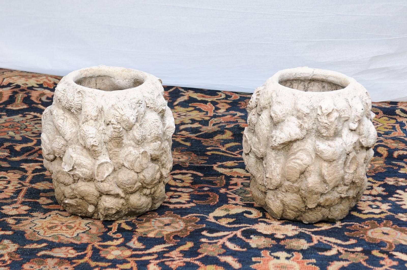 Pair of Round Concrete Shell Planters from the Mid-20th Century 2