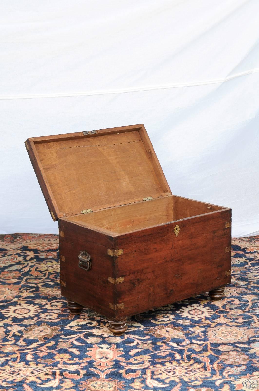 19th Century English Campaign Oak Trunk with Brass Accents and Handles, circa 1880