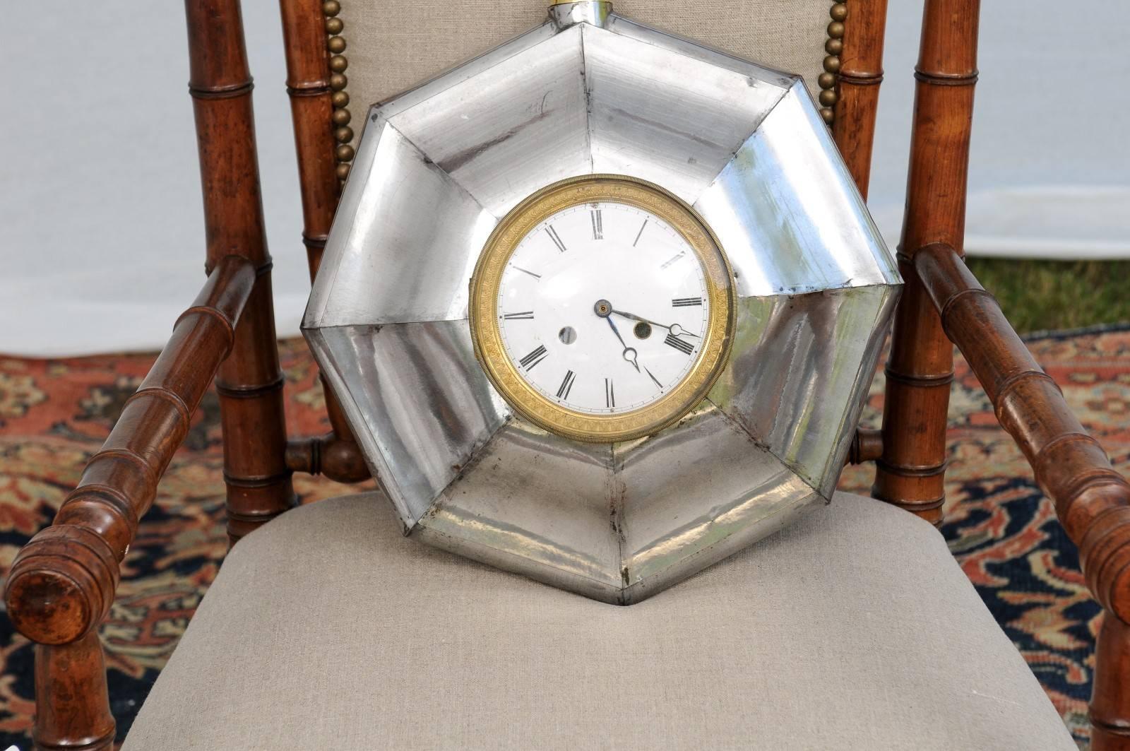French Late 19th Century Steel and Brass Octagonal Pocket Watch Shaped Clock 2