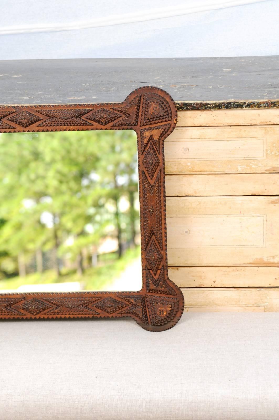 Hand-Carved French Small Size Turn of the Century Oak Tramp Art Mirror with Rounded Edges