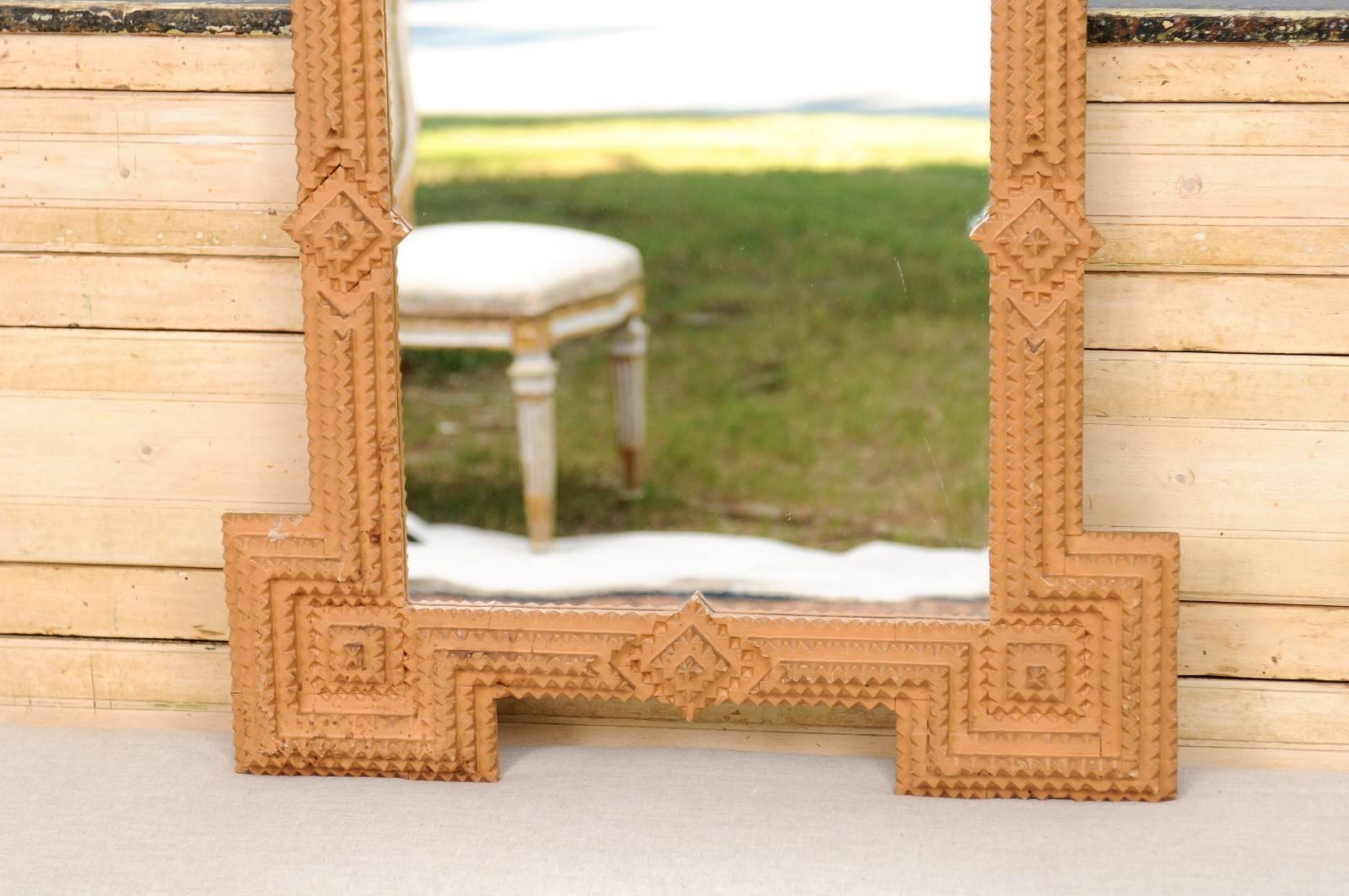 French Tramp Art Painted Terracotta Mirror from the Early 20th Century 1