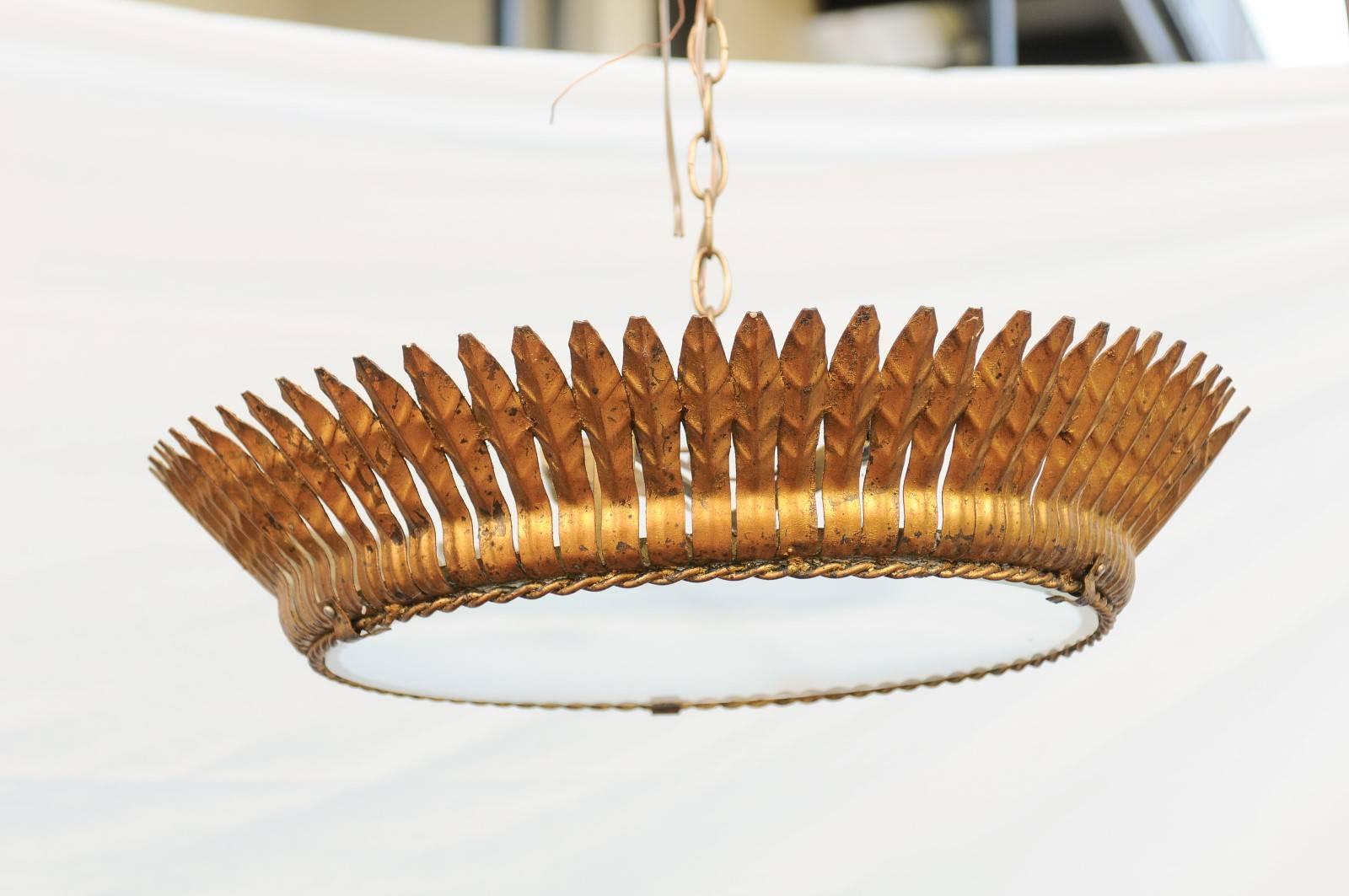 Spanish Two-Light Gilt Metal Crown Chandelier with Leaves and Frosted Glass In Good Condition In Atlanta, GA